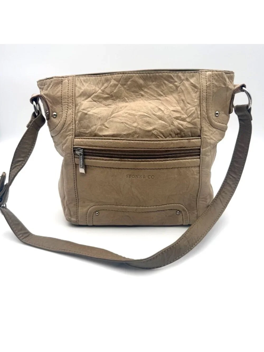 Stone & Co Women's Beige Faux Leather Shoulder Bag Multi Pocket Handbag Purse